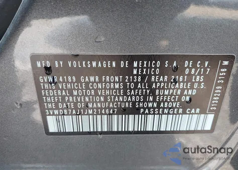 2018 Volkswagen Jetta 1.4T Se/1.4T Wolfsburg Edition из США, поврежденный, VIN 3VWDB7AJ1JM214647